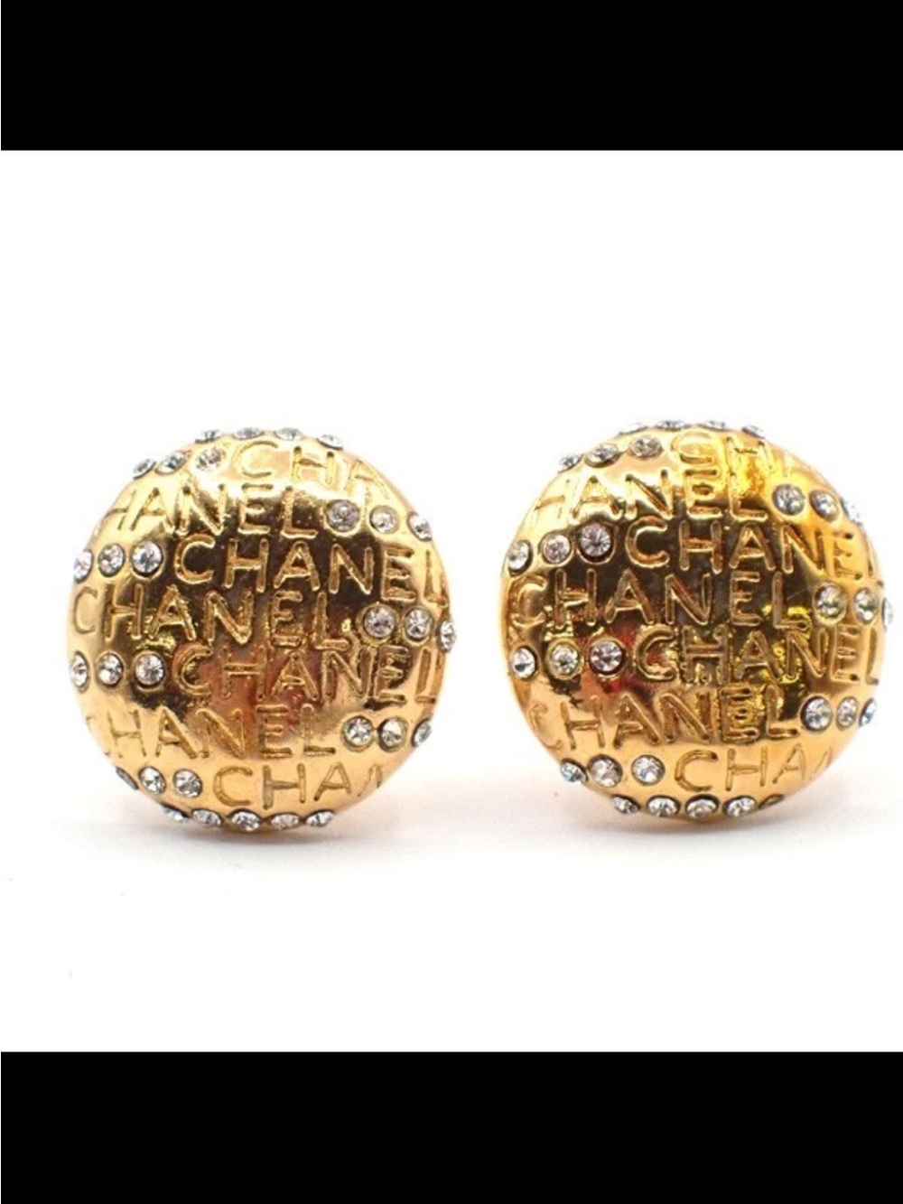 Authentic CHANEL Vintage  Rhinestone  Logo Button Earrings MADE FRANCE